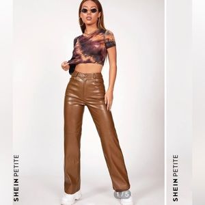 SHEIN PETITE Solid PU Leather Straight Leg Pants